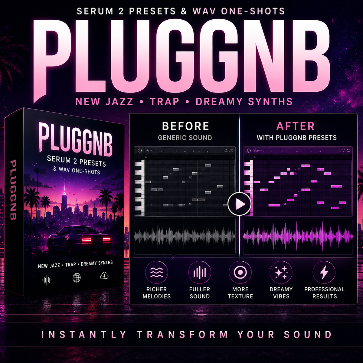 Promotional graphic for PluggNb audio presets, showing the product box, a before/after waveform comparison, and feature icons on a dark purple neon background. Large text reads 'PLUGGNB' with 'SERUM 2 PRESETS & WAV ONE-Shots' above.