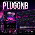 Promotional graphic for Pluggnb Serum 2 Presets and Wave One-Shots, showing a software box cover with a neon cityscape and a digital audio workstation interface with pink waveform graphics. Text highlights new jazz, trap, and dreamy synths, with compatibility badges for FL Studio, Ableton Live, and Logic Pro X.