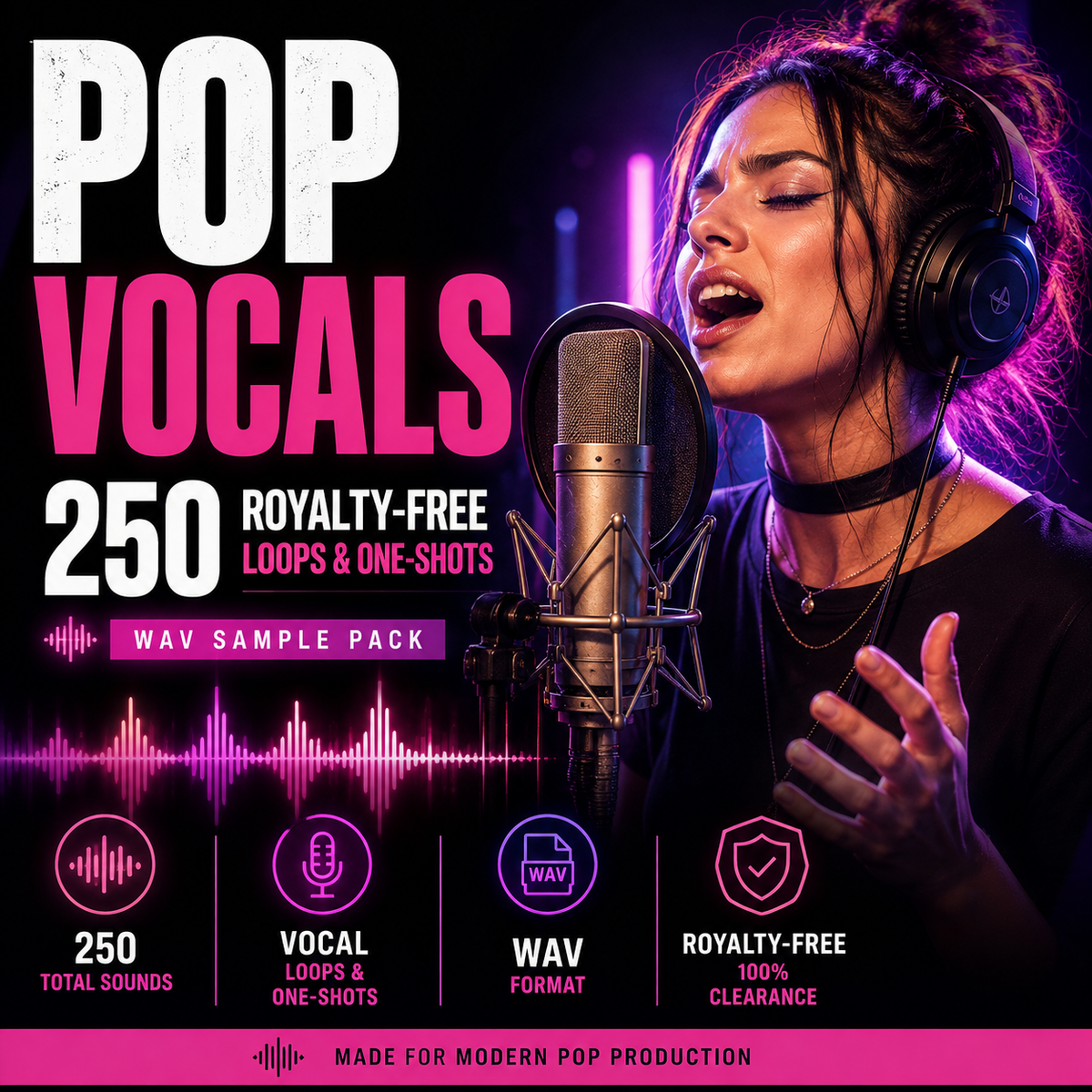 Promotional cover art for a digital sample pack titled 'POP VOCALS 250 Royalty-Free Loops & One-Shots WAV Sample Pack,' featuring a woman singing into a microphone in a studio setting with neon purple lighting. Large text highlights the product, and four icons at the bottom mention 250 total sounds, vocal loops and one-shots, WAV format, and royalty-free 100% clearance.