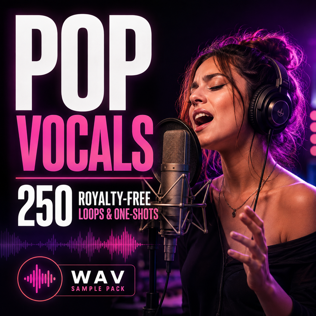 Promotional cover art for a music sample pack titled 'POP VOCALS' with '250 Royalty-Free Loops & One-Shots' and 'WAV Sample Pack' text. A woman singing into a studio microphone is shown on the right, with purple and pink lighting.
