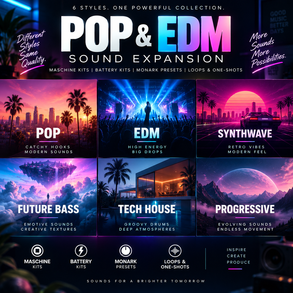 Promotional graphic for a music production sound pack titled 'POP & EDM SOUND EXPANSION', showing six illustrated style panels: Pop, EDM, Synthwave, Future Bass, Tech House, and Progressive. Large text highlights machine kits, battery kits, monark presets, loops & one-shots, and the promise of more sounds and more possibilities.