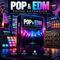 Promotional graphic for a digital audio plugin pack called 'POP & EDM Sound Expansion' by Nym Studio, featuring a central software box mockup with a crowd scene on the front, surrounded by virtual hardware interfaces and text badges indicating 1000+ sounds, presets, loops, and one-shots.