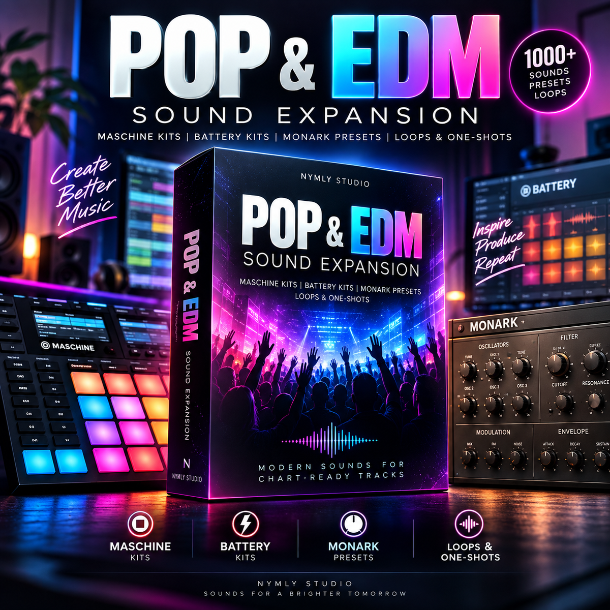Promotional graphic for a digital audio plugin pack called 'POP & EDM Sound Expansion' by Nym Studio, featuring a central software box mockup with a crowd scene on the front, surrounded by virtual hardware interfaces and text badges indicating 1000+ sounds, presets, loops, and one-shots.