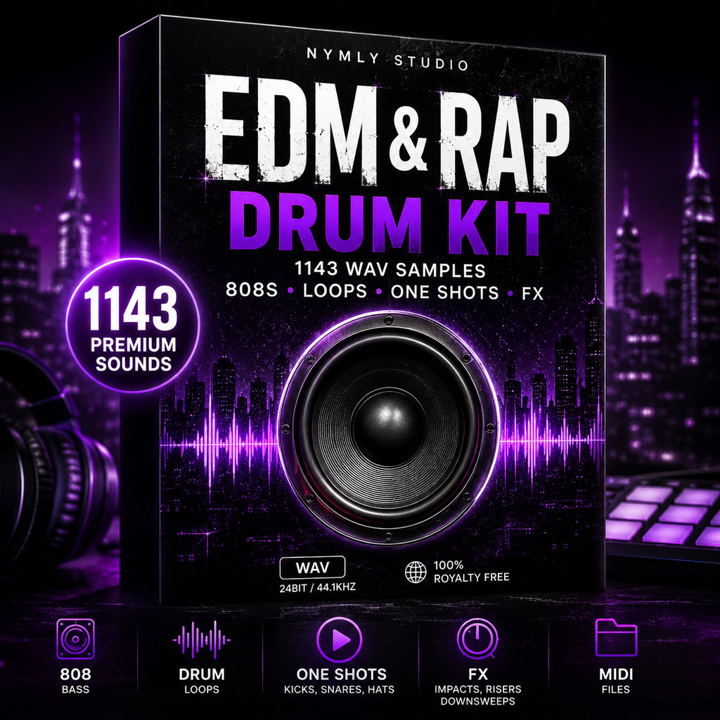 Digital product cover for a 'NYMLY STUDIO EDM & RAP DRUM KIT' featuring a black box mockup with a purple glowing speaker graphic, surrounded by a neon purple cityscape and audio wave. The box highlights '1143 PREMIUM SOUNDS' and lists sample counts.