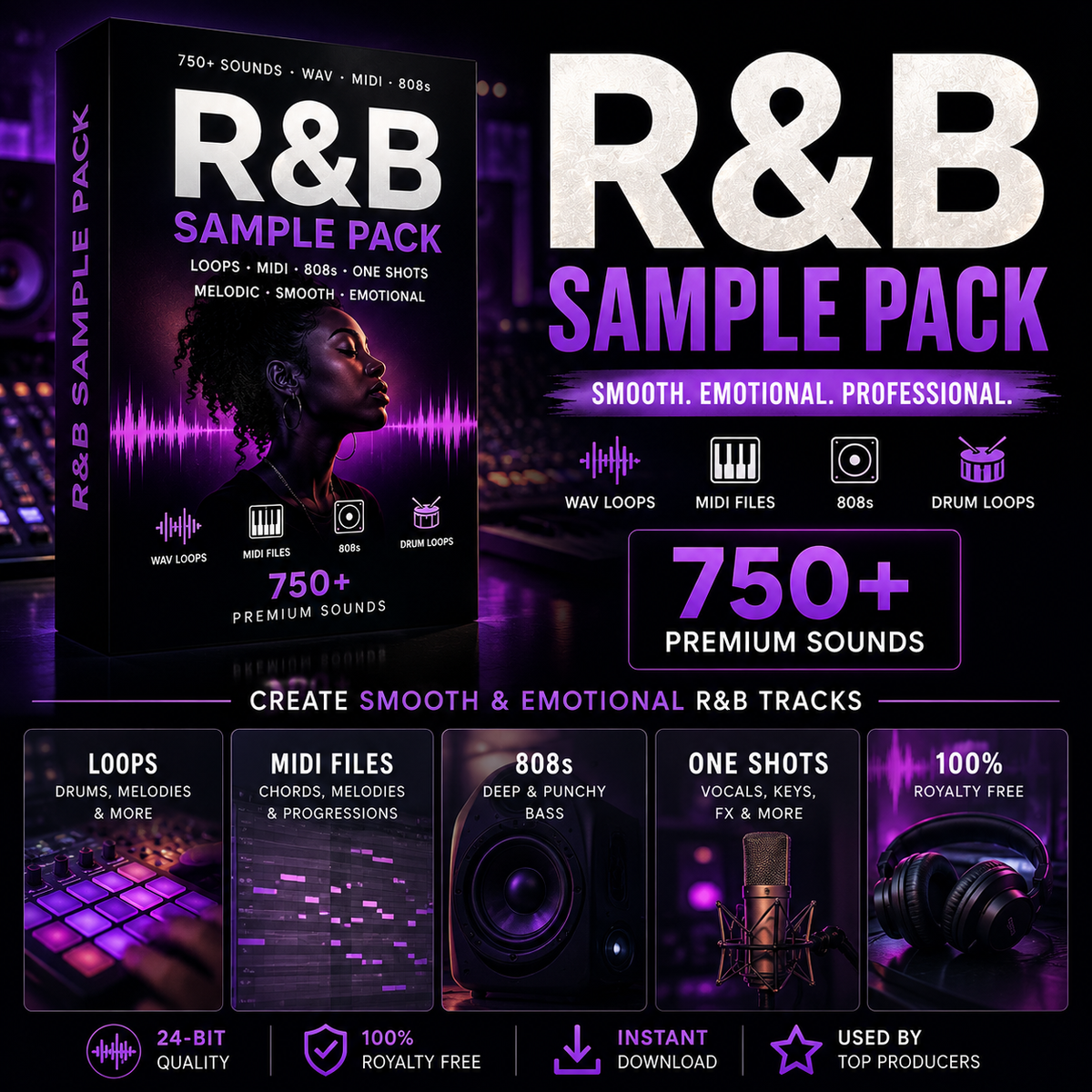 Promotional graphic for an R&B sample pack digital product, showing a large software-style box cover, large 'R&B SAMPLE PACK' text, feature icons, and a row of smaller preview tiles for loops, MIDI files, 808s, one shots, and royalty-free use. No real person or environment is present; this is a designed product listing graphic, so Product/Packaging fits better than Lifestyle or Other.