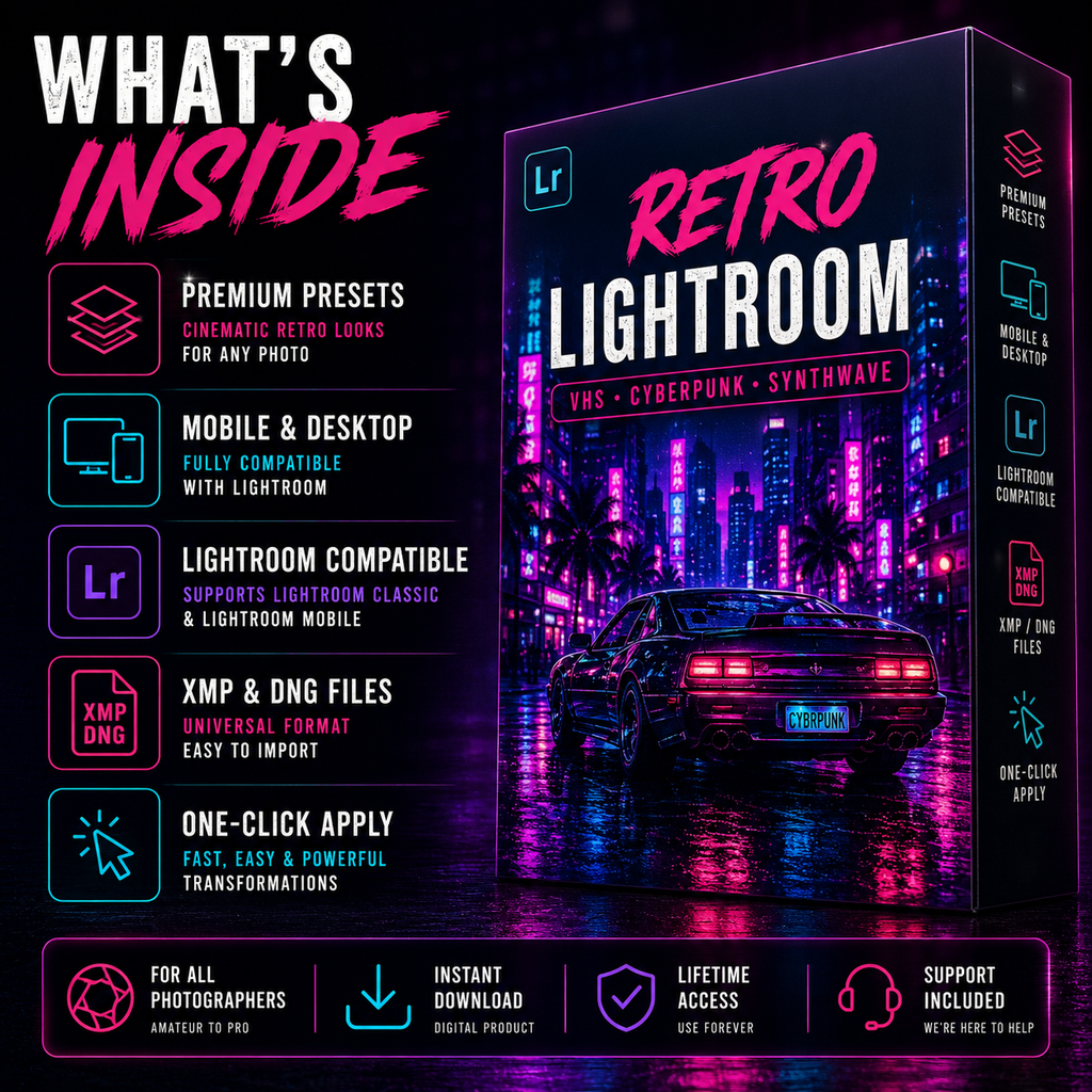 Promotional graphic for a digital Lightroom preset pack titled 'Retro Lightroom' with a neon cyberpunk city scene and a vintage car. The left side lists included features such as premium presets, mobile and desktop compatibility, Lightroom compatibility, XMP and DNG files, one-click apply, and compatibility for all photographers.