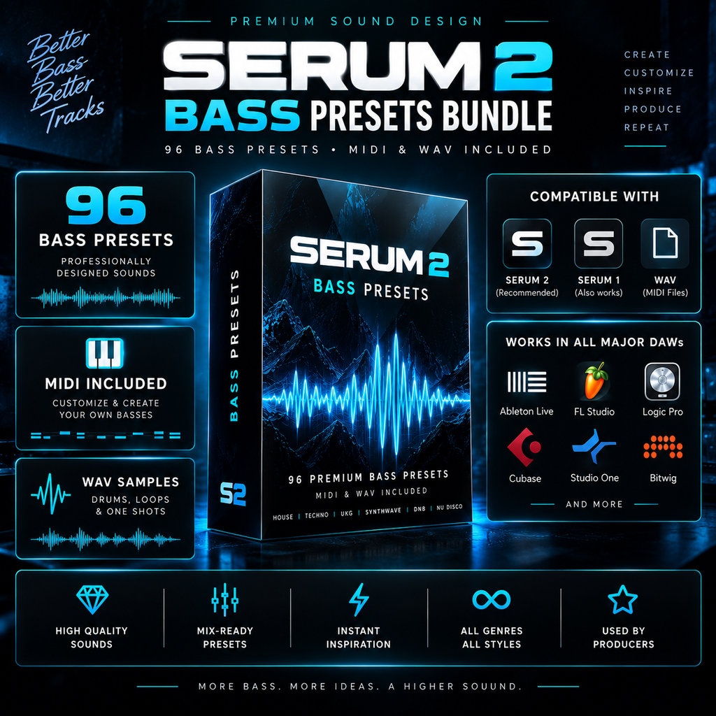 Serum 2 bass presets with 96 sounds, MIDI and WAV files, Serum compatibility, and major DAW support.