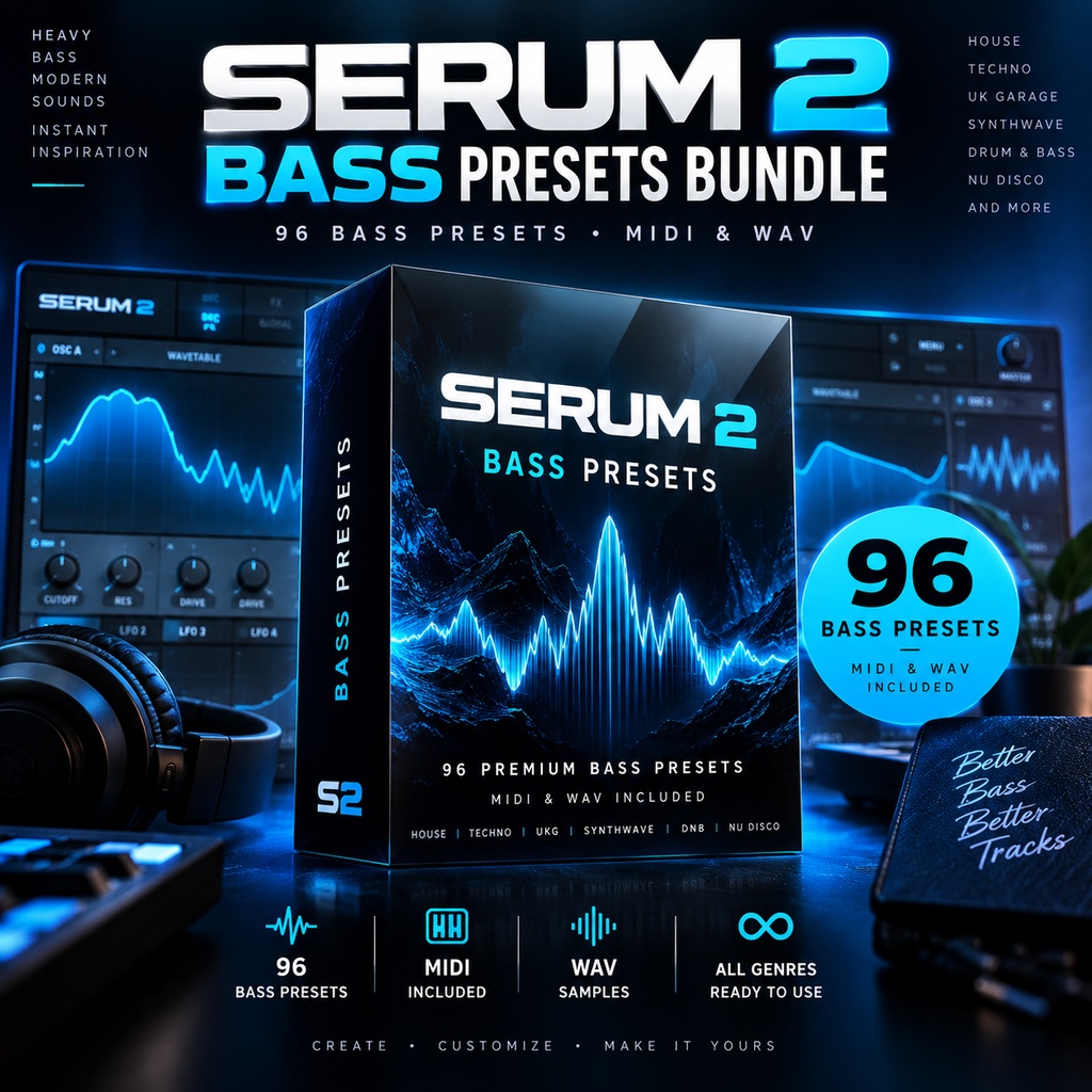 Promotional graphic for Serum 2 Bass Presets Bundle, showing a large product box in the center with blue waveform graphics, software interface screens behind it, a camera lens, and text badges indicating 96 bass presets, MIDI & WAV included.
