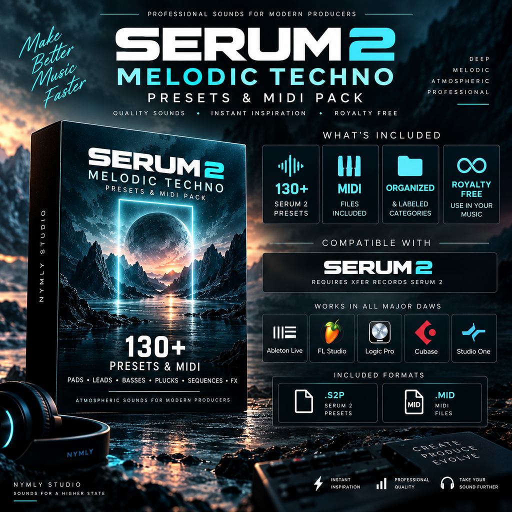 Promotional graphic for Serum 2 Melodic Techno Presets & MIDI Pack by Nymly Studio, showing a software package box, feature callouts, compatibility with Serum 2, DAW, Ableton Live, FL Studio, Logic Pro, Cubase, and Studio One, and included formats like .sfp and MIDI files.