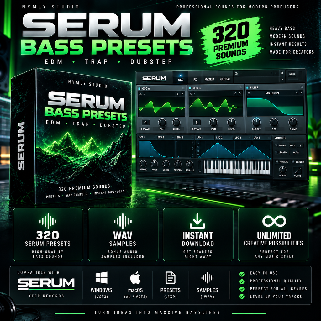 Promotional graphic for Serum Bass Presets by Nymly Studio, showing the software box, a digital mixer interface, and multiple feature callouts for 320 premium sounds and EDM/trap/dubstep use. The design uses black, green, and white with glowing neon-style graphics.
