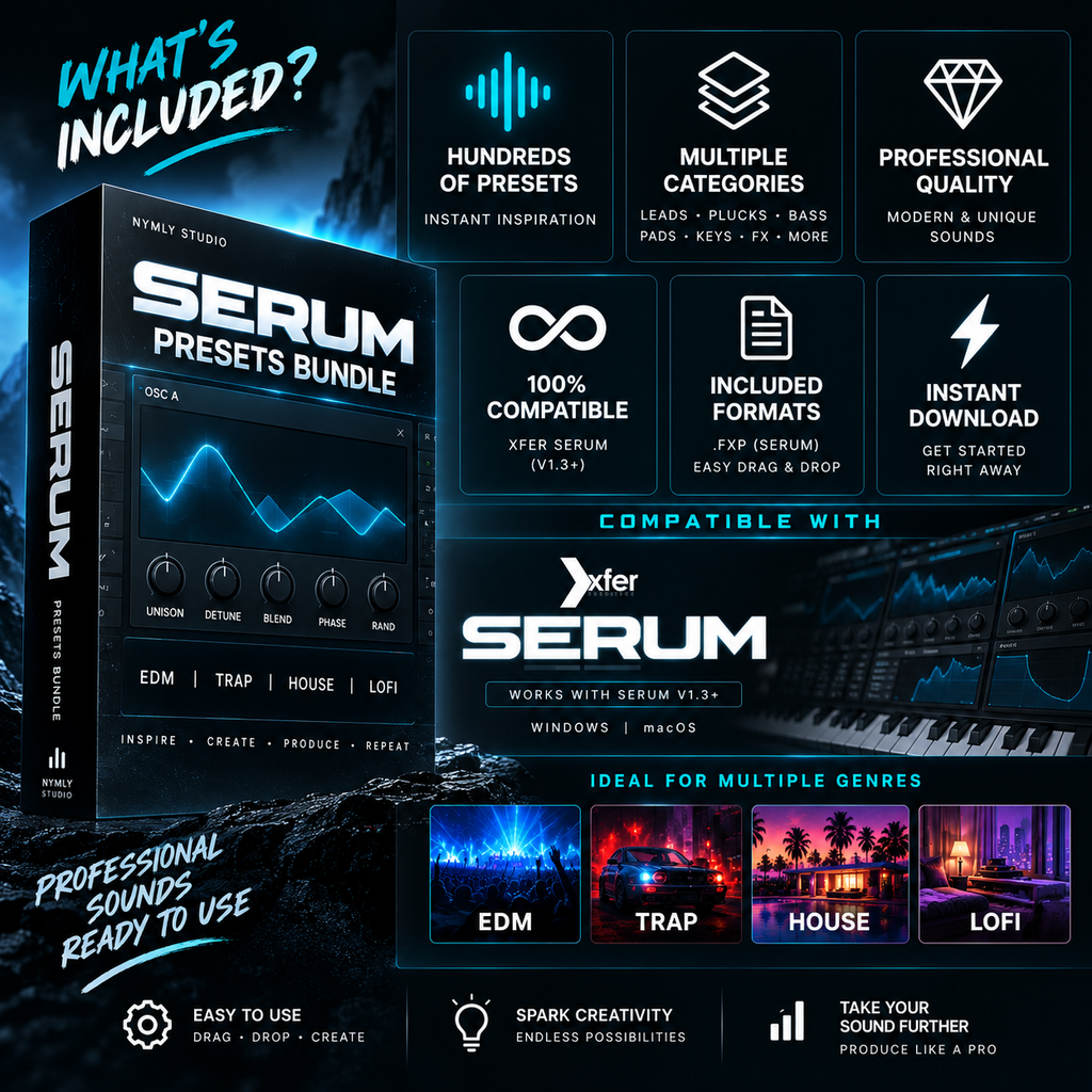 Promotional graphic for the Serum Presets Bundle by Nymf Studio, showing a boxed preset bundle on the left and multiple feature callouts on the right. The design uses dark blue, black, and cyan/teal tones with text highlighting included features such as hundreds of presets, multiple categories, professional quality, 100% compatibility with Xfer Serum, included formats, instant download, and ideal use for EDM, trap, house, and lofi genres.