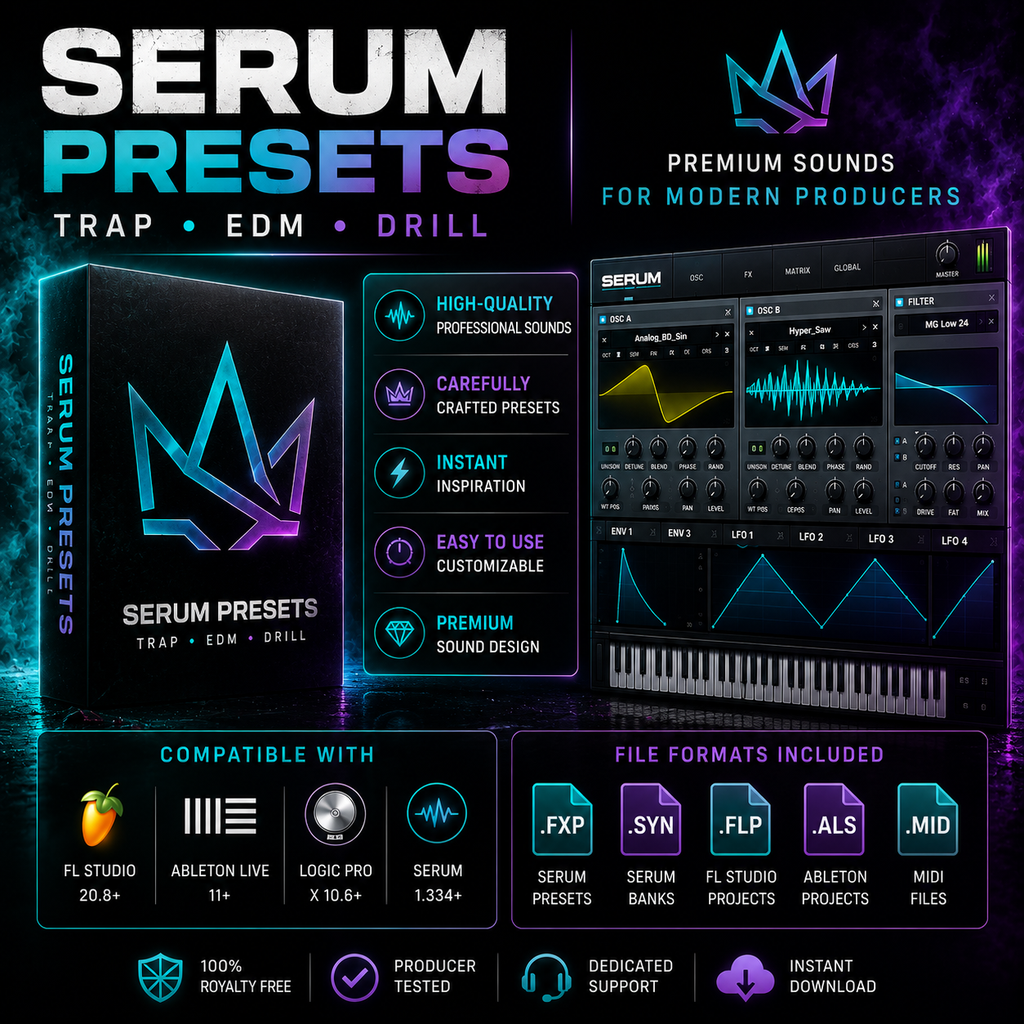 Promotional graphic for Serum Presets, a digital audio plugin bundle. The design features a black product box with a glowing blue and purple crown logo, a screenshot of the Serpum virtual instrument software, and various feature callouts in neon purple and blue on a dark background.