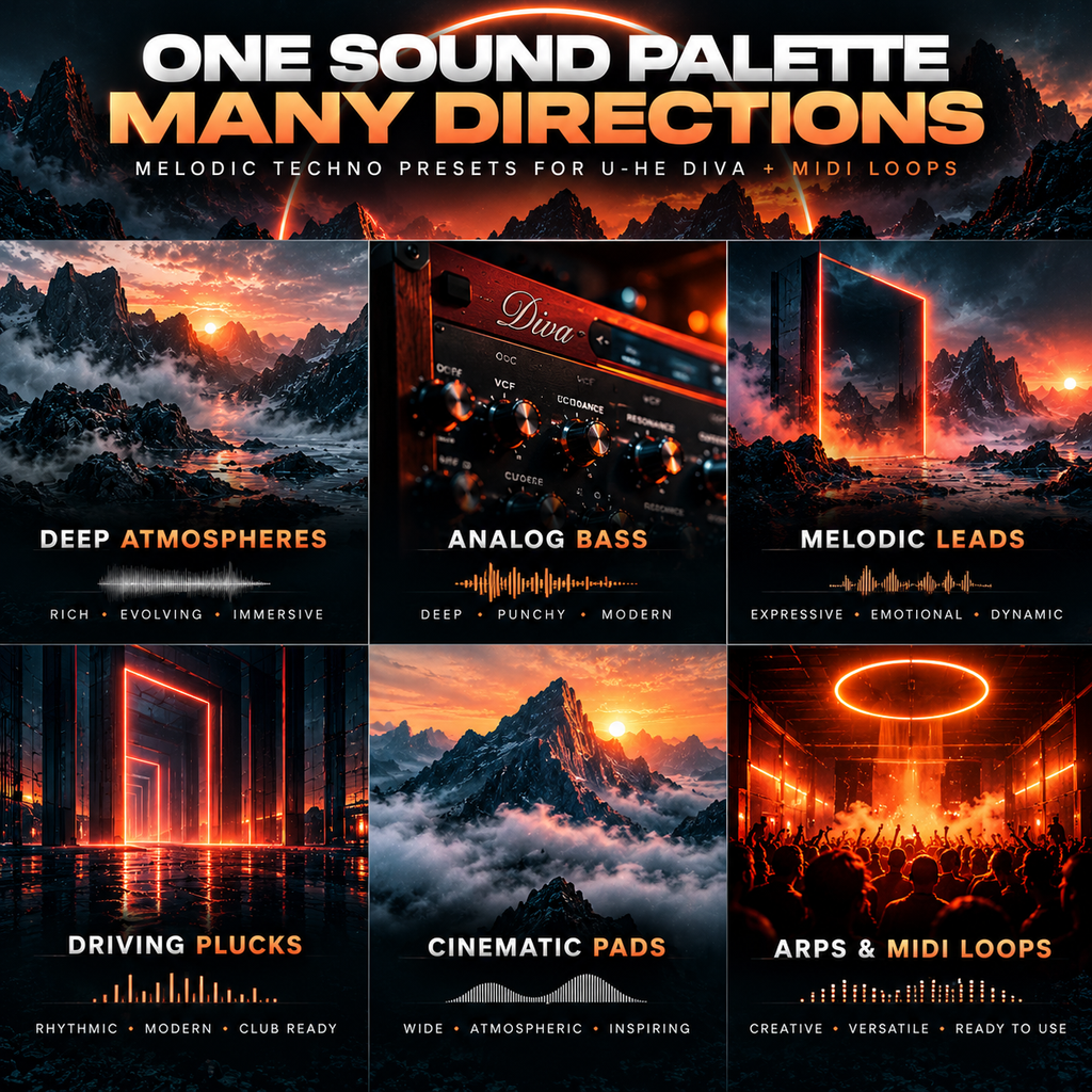 Melodic techno presets for u-he Diva featuring deep atmospheres, analog bass, melodic leads, driving plucks, cinematic pads, and MIDI loops.