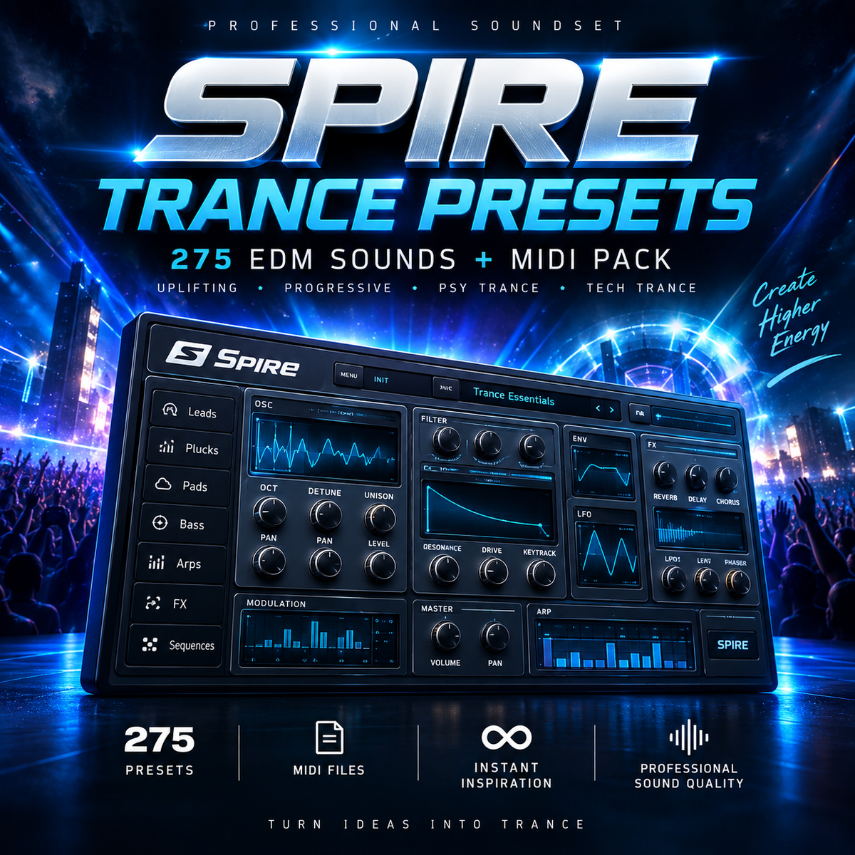 Promotional graphic for the Spire Trance Presets soundset, showing a large digital audio workstation interface with blue glow effects, crowd visuals in the background, and text advertising 275 EDM sounds and MIDI pack.