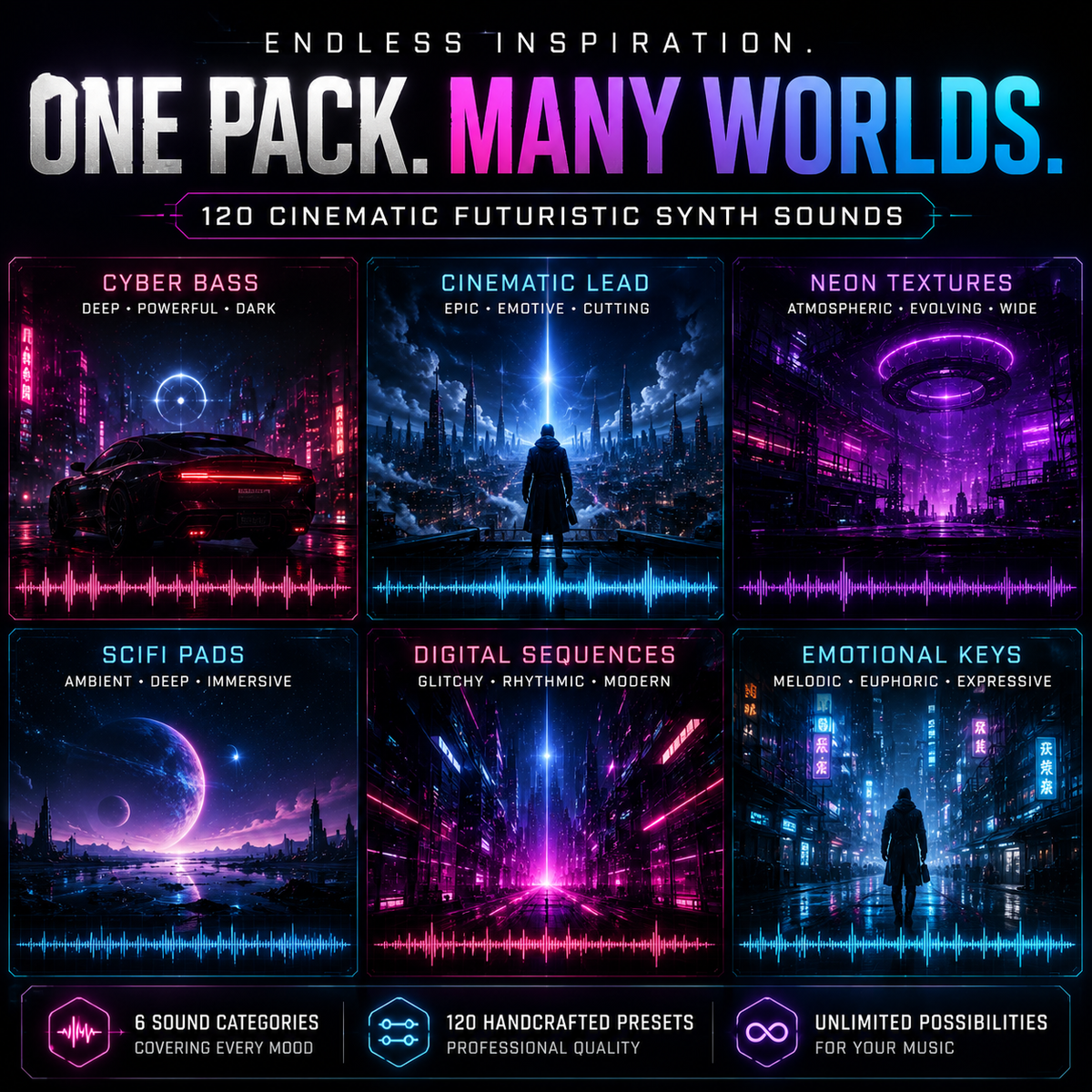 Promotional graphic for a digital audio preset pack titled 'ONE PACK. MANY WORLDS' with the subtitle '120 CINEMATIC FUTURISTIC SYNTH SOUNDS.