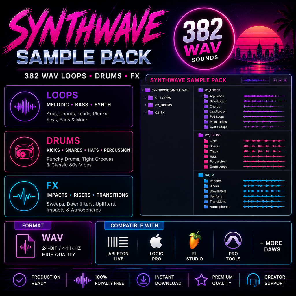 Promotional graphic for the 'Synthwave Sample Pack' containing 382 WAV sounds. The design features a dark purple and black background with a pink sunset silhouette of a city skyline on the right.