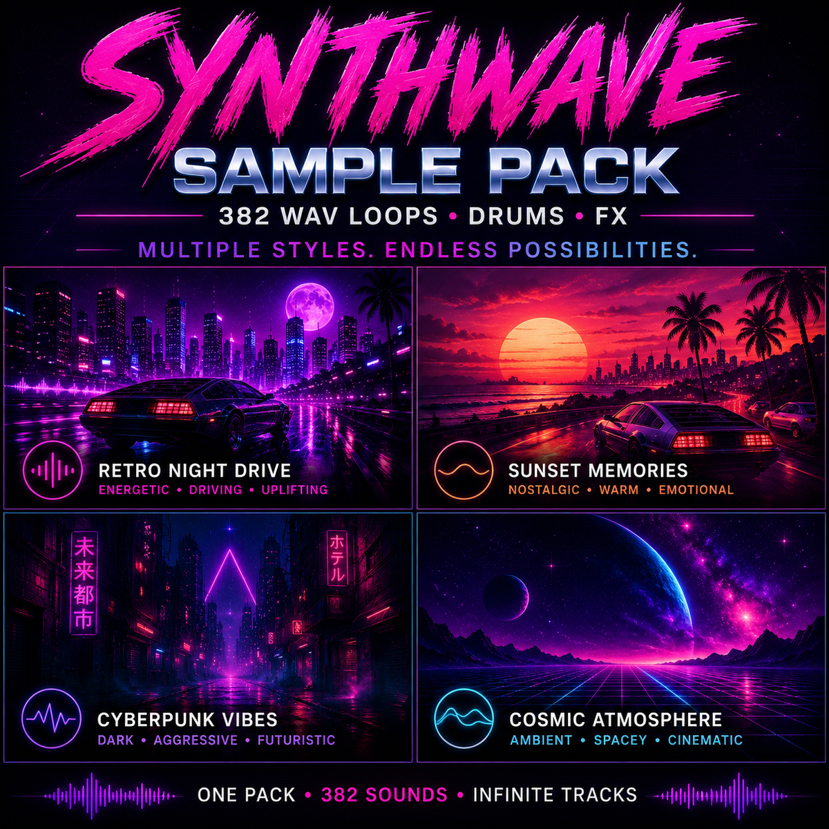 Promotional cover art for a Synthwave Sample Pack containing 382 wav loops, drums, and FX. The design features a dark purple and black background with neon pink and blue text, and four quadrants showcasing different synthwave music styles: Retro Night Drive, Sunset Memories, Cyberpunk Vibes, and Cosmic Atmosphere.