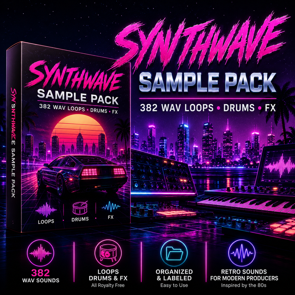 Promotional graphic for a Synthwave Sample Pack digital audio asset bundle, showing a boxed sample pack cover with a neon cityscape and car illustration, large pink 'SYNTHWAVE SAMPLE PACK' text, a keyboard, audio waveform graphics, and four feature icons at the bottom.