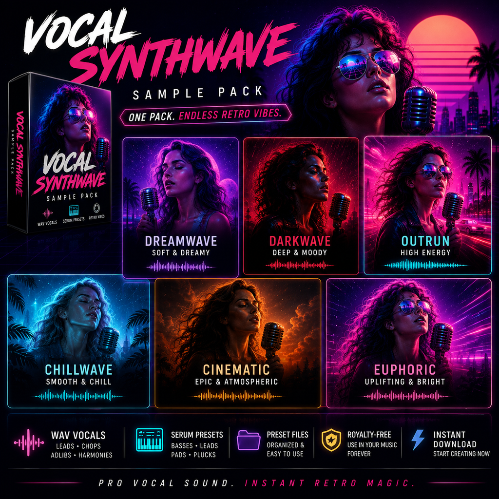 Promotional graphic for a Vocal Synthwave Sample Pack, showing a boxed product cover, multiple neon-colored preset categories, and marketing text on a dark futuristic city background.