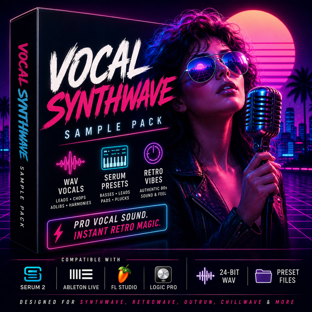 Promotional cover art for a digital sample pack titled 'Vocal Synthwave'. The design features a retro synthwave aesthetic with a woman in sunglasses holding a vintage microphone, set against a neon pink and purple sunset cityscape.