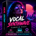 Digital product box art for 'Vocal Synthwave Sample Pack' featuring a stylized woman with neon sunglasses and curly hair in a retro synthwave scene, with a microphone and city skyline in the background.