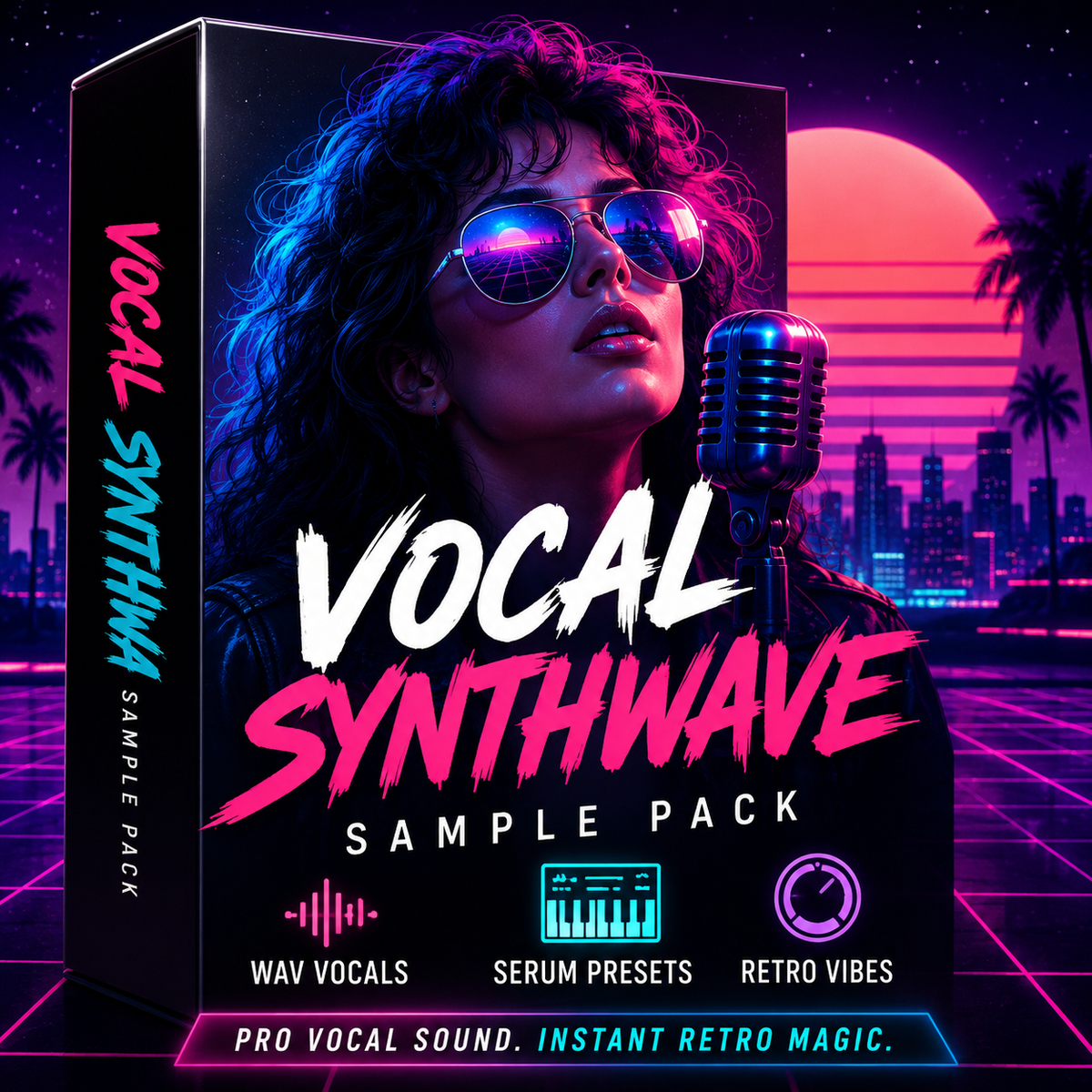 Digital product box art for 'Vocal Synthwave Sample Pack' featuring a stylized woman with neon sunglasses and curly hair in a retro synthwave scene, with a microphone and city skyline in the background.