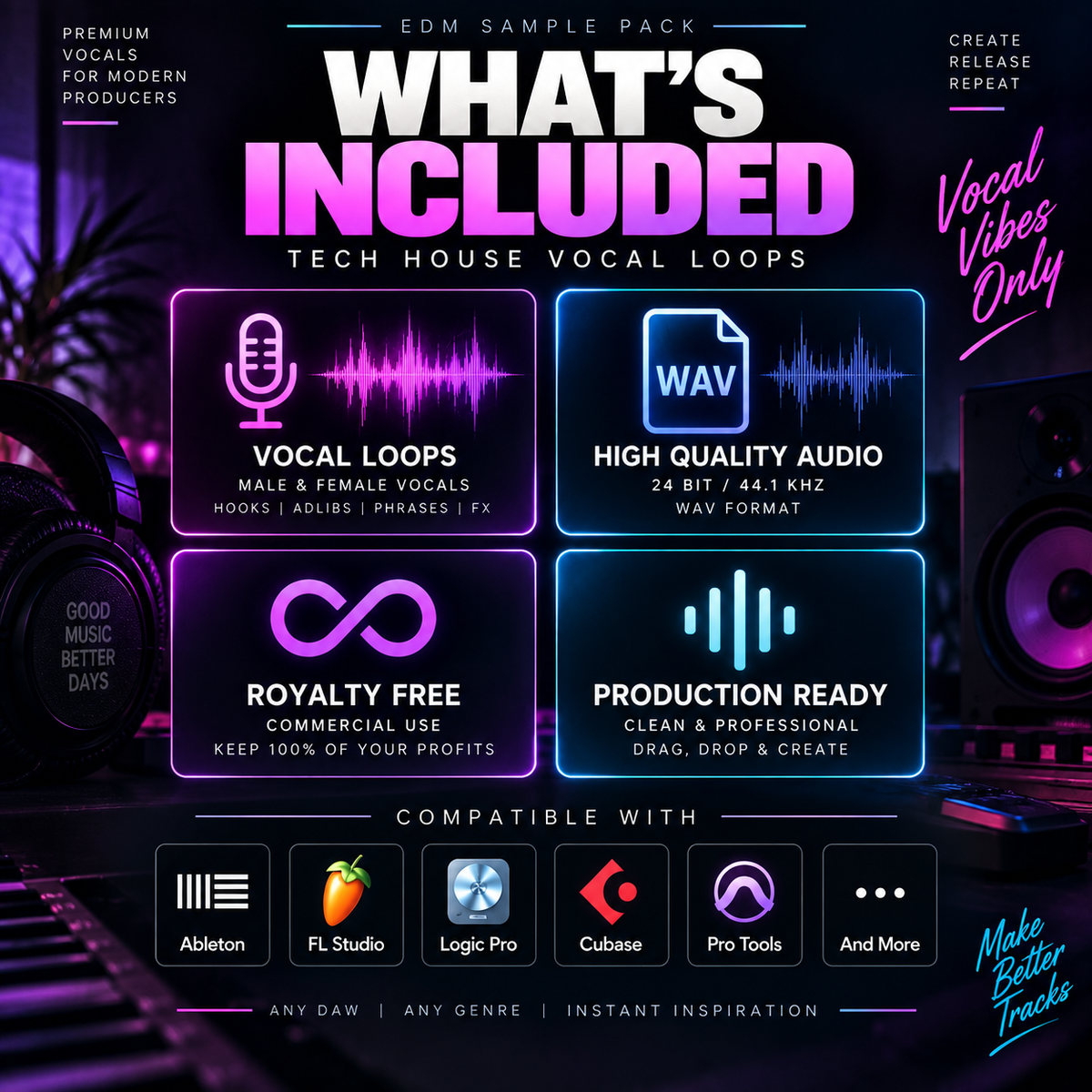 Promotional graphic for an EDM sample pack titled 'WHAT'S INCLUDED' for tech house vocal loops. The design features a dark purple and black background with neon pink and blue glowing panels detailing included features such as vocal loops, high quality audio, royalty free access, and production readiness.