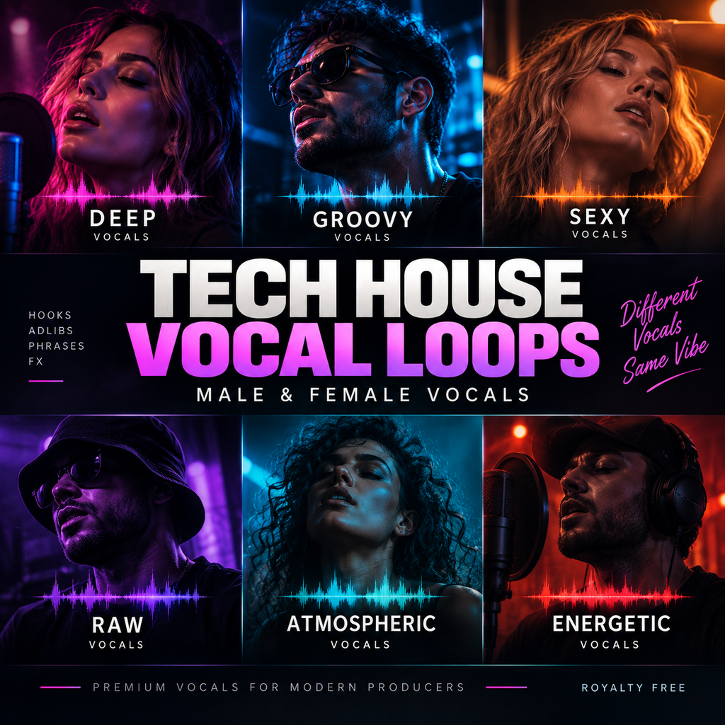 Promotional cover art for a music production asset pack titled 'TECH HOUSE VOCAL LOOPS' with six stylized portraits of vocalists in neon-lit panels labeled Deep, Groovy, Sexy, Raw, Atmospheric, and Energetic. Large central text reads 'TECH HOUSE VOCAL LOOPS' with 'Male & Female Vocals' below.