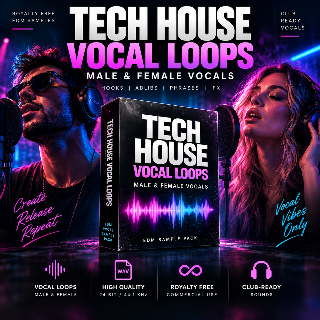Promotional graphic for a digital EDM sample pack titled 'Tech House Vocal Loops' featuring male and female vocal loops. The design includes a central product box with a black background and neon pink and purple text, flanked by stylized photos of a man and woman in a studio with purple and blue lighting.