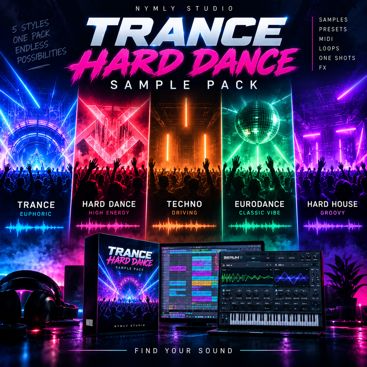 Promotional graphic for a digital sample pack titled 'Trance Hard Dance Sample Pack' by Nymly Studio, showing neon club scenes and software interface mockups with headphones and a keyboard.