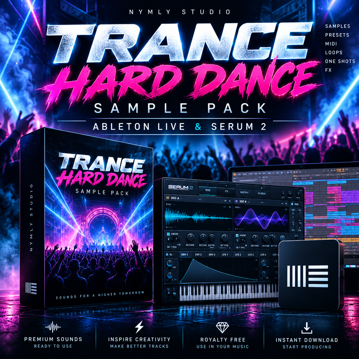 Promotional graphic for a digital sample pack titled 'Trance Hard Dance' by Nymly Studio, showing a software box, Ableton Live interface, Serum 2 plugin, and a black card with a white logo on a neon-lit stage background.