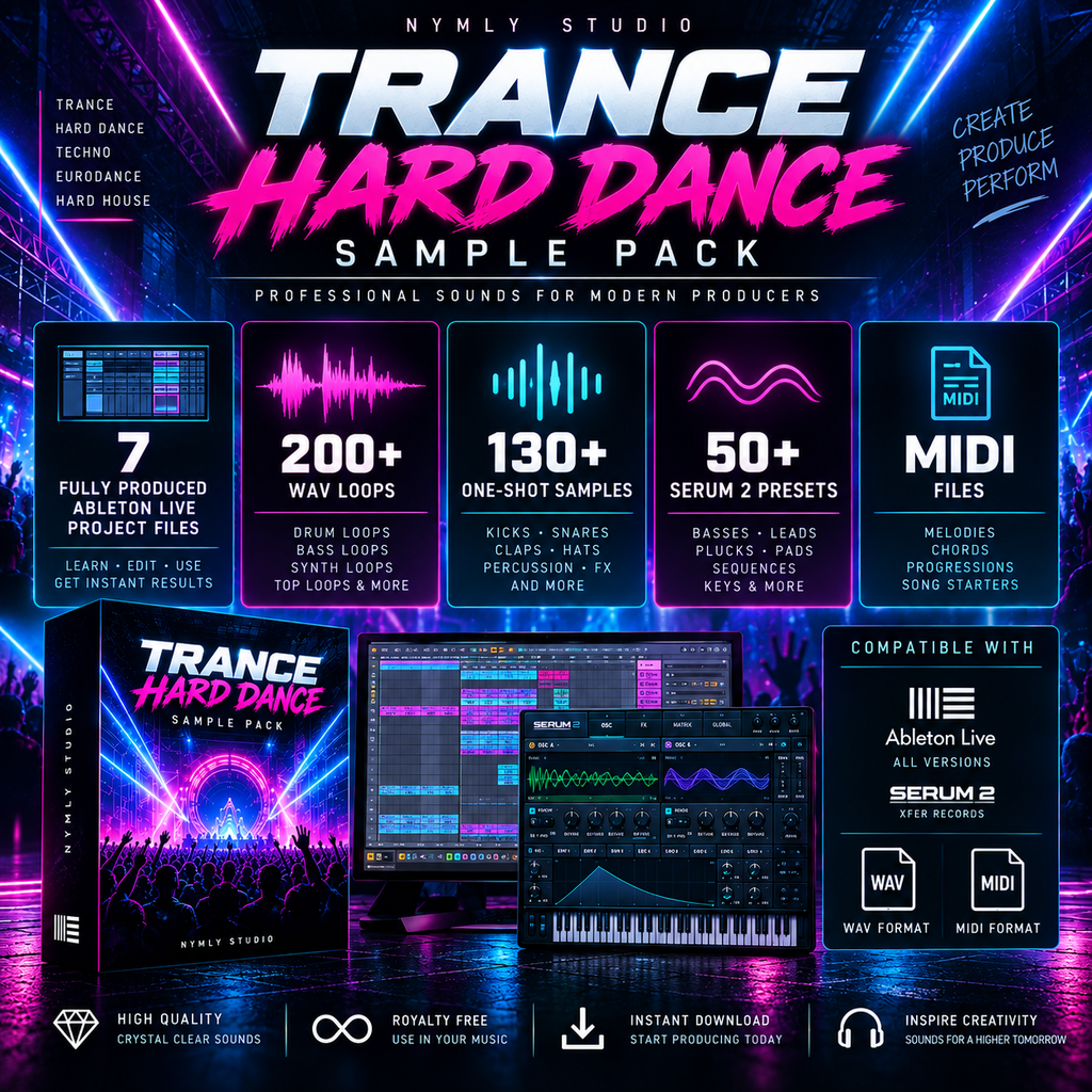 Promotional graphic for the 'Trance Hard Dance Sample Pack' by Nymly Studio, showcasing digital audio samples, software interfaces, and compatibility badges for Ableton Live, Serum 2, and Native Instruments.