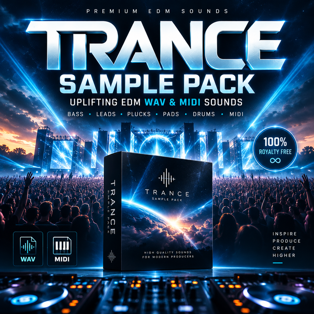 Promotional cover art for a 'Trance Sample Pack' featuring a central product box labeled 'Trance Sample Pack' in front of a concert stage with glowing blue lights and a crowd. Large text reads 'TRANCE SAMPLE PACK' with smaller text 'Uplifting EDM WAV & MIDI Sounds' and icons for WAV and MIDI formats.