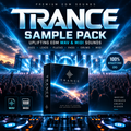 Promotional cover art for a 'Trance Sample Pack' featuring a central product box labeled 'Trance Sample Pack' in front of a concert stage with glowing blue lights and a crowd. Large text reads 'TRANCE SAMPLE PACK' with smaller text 'Uplifting EDM WAV & MIDI Sounds' and icons for WAV and MIDI formats.