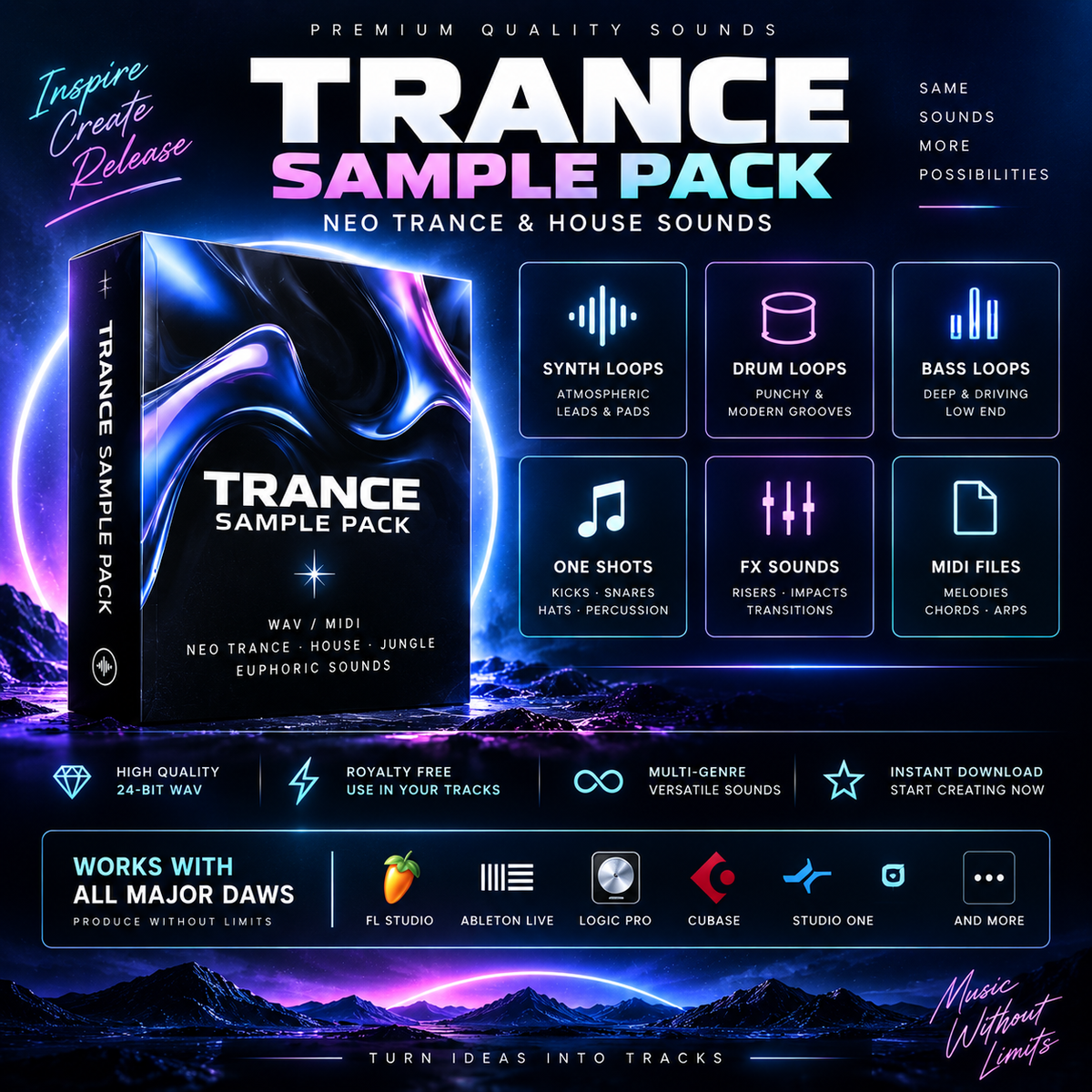 Trance sample pack featuring WAV and MIDI sounds, synth, drum, bass loops, one-shots, FX, and MIDI files.