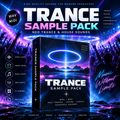Promotional graphic for a 'Trance Sample Pack' featuring a central 3D software box mockup with a purple and blue neon trance landscape cover. The background depicts a concert crowd with glowing purple laser lights, and the left side lists included sound types like synths, loops, basses, and MIDI files.