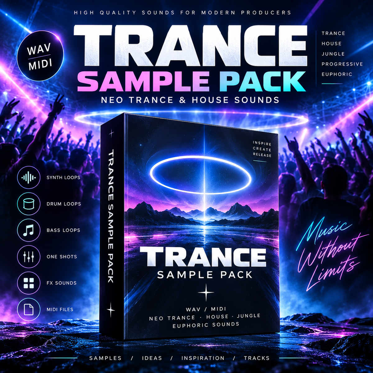 Promotional graphic for a 'Trance Sample Pack' featuring a central 3D software box mockup with a purple and blue neon trance landscape cover. The background depicts a concert crowd with glowing purple laser lights, and the left side lists included sound types like synths, loops, basses, and MIDI files.
