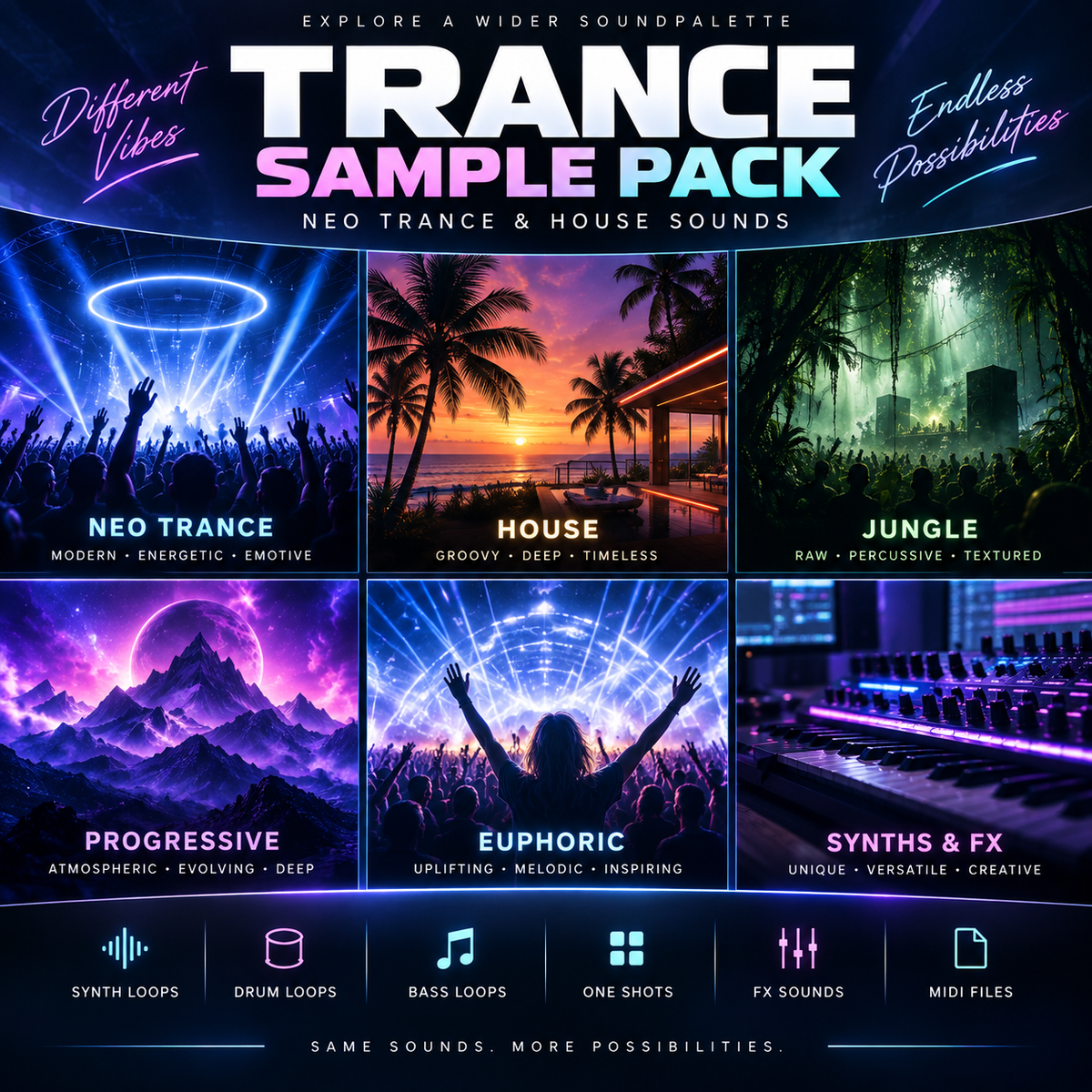 Promotional graphic for a digital sample pack titled 'TRANCE SAMPLE PACK' with six illustrated scene panels labeled Neo Trance, House, Jungle, Progressive, Euphoric, and Synths & FX, plus icons for synth loops, drum loops, bass loops, one shots, FX sounds, and MIDI files.