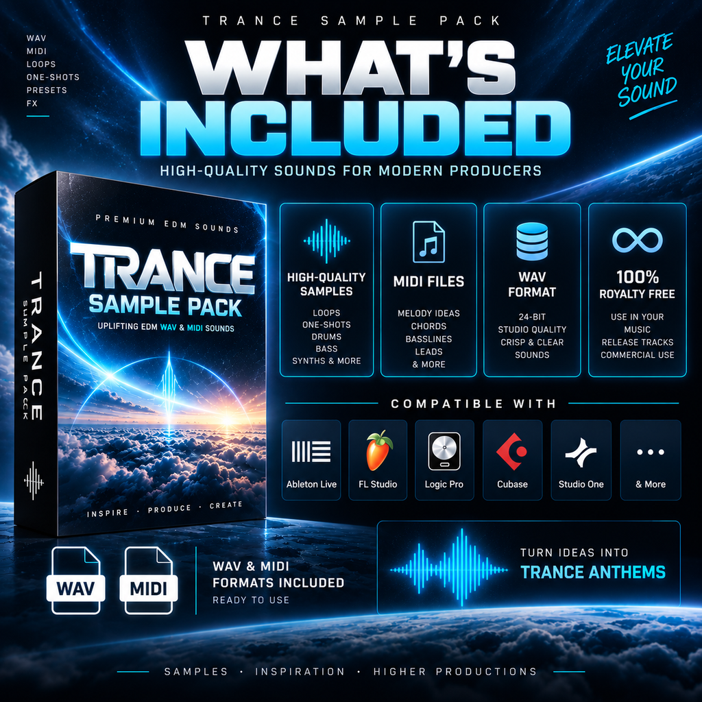 Promotional graphic for a trance sample pack with a large title, a software-style box cover, and multiple feature callouts including MIDI and WAV formats, compatibility with Ableton Live, FL Studio, Logic Pro, Cubase, and Studio One, and a blue space-like background.