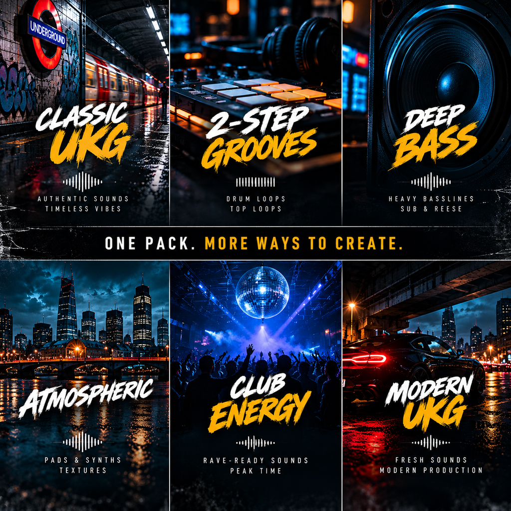 A six-panel promotional collage for a music production sound pack, featuring dark urban and club scenes with bold text labels: Classic UKG, 2-Step Grooves, Deep Bass, Atmospheric, Club Energy, and Modern UKG. The center text reads 'One pack.