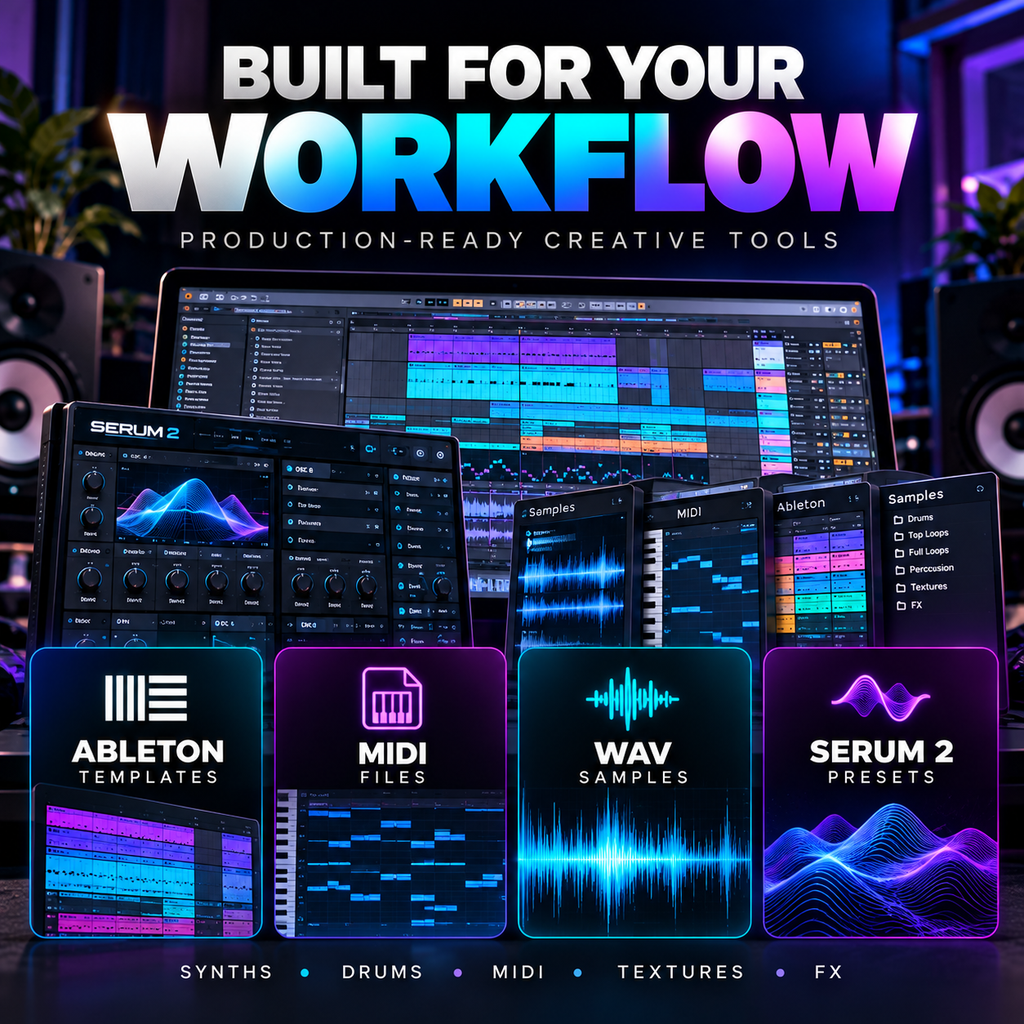 Electronic music sample pack with Ableton templates, MIDI files, WAV samples and Serum 2 presets