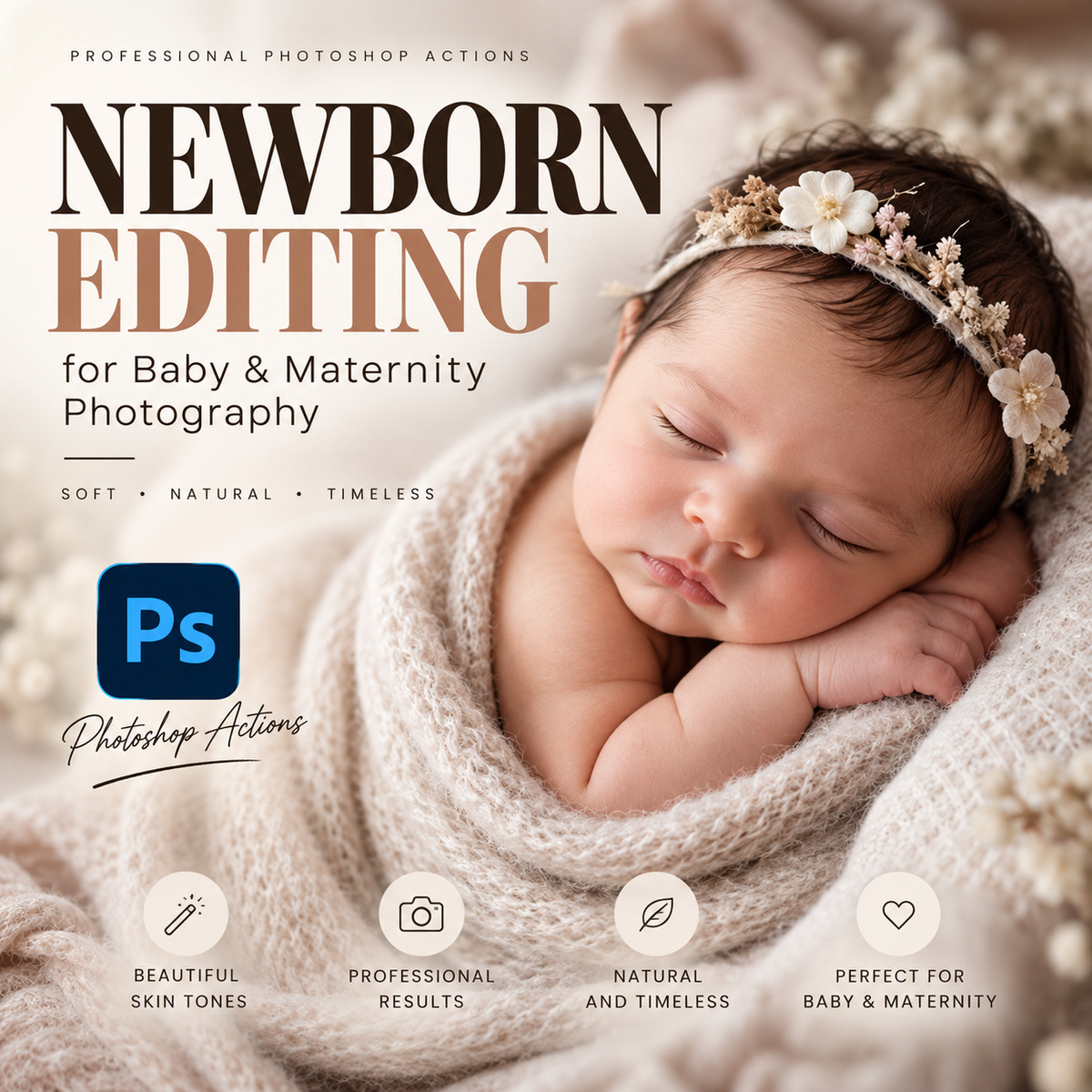 Newborn Photoshop Actions creating soft, natural skin tones and polished baby photography