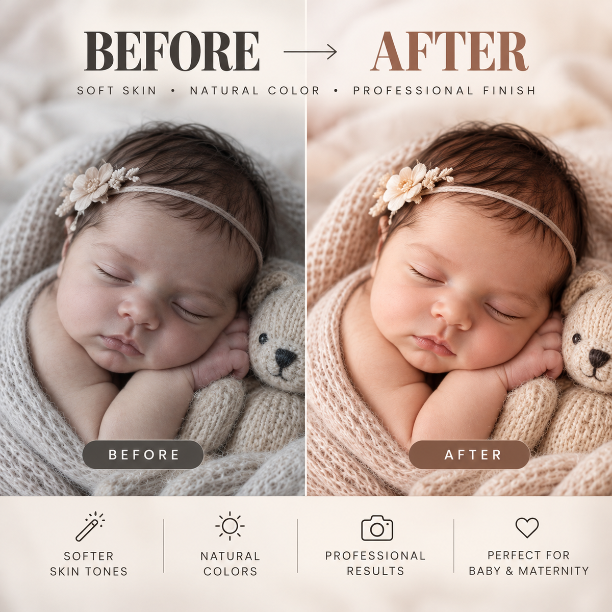 Before and after comparison of a newborn baby's portrait, showing a sleeping baby wrapped in a cream knit blanket and wearing a floral headband. The left side is labeled 'BEFORE' with softer, warmer tones, and the right side is labeled 'AFTER' with brighter, more saturated tones.