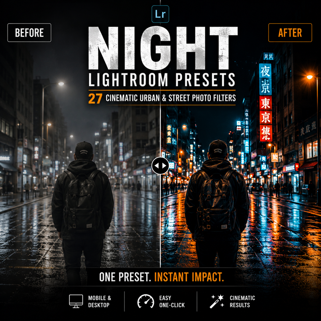 Promotional graphic for Night Lightroom Presets, showing a split before/after comparison of a person standing on a wet city street at night with neon signs. Large text reads 'NIGHT LIGHTROOM PRESETS' and '27 CINEMATIC URBAN & STREET PHOTO FILTERS.