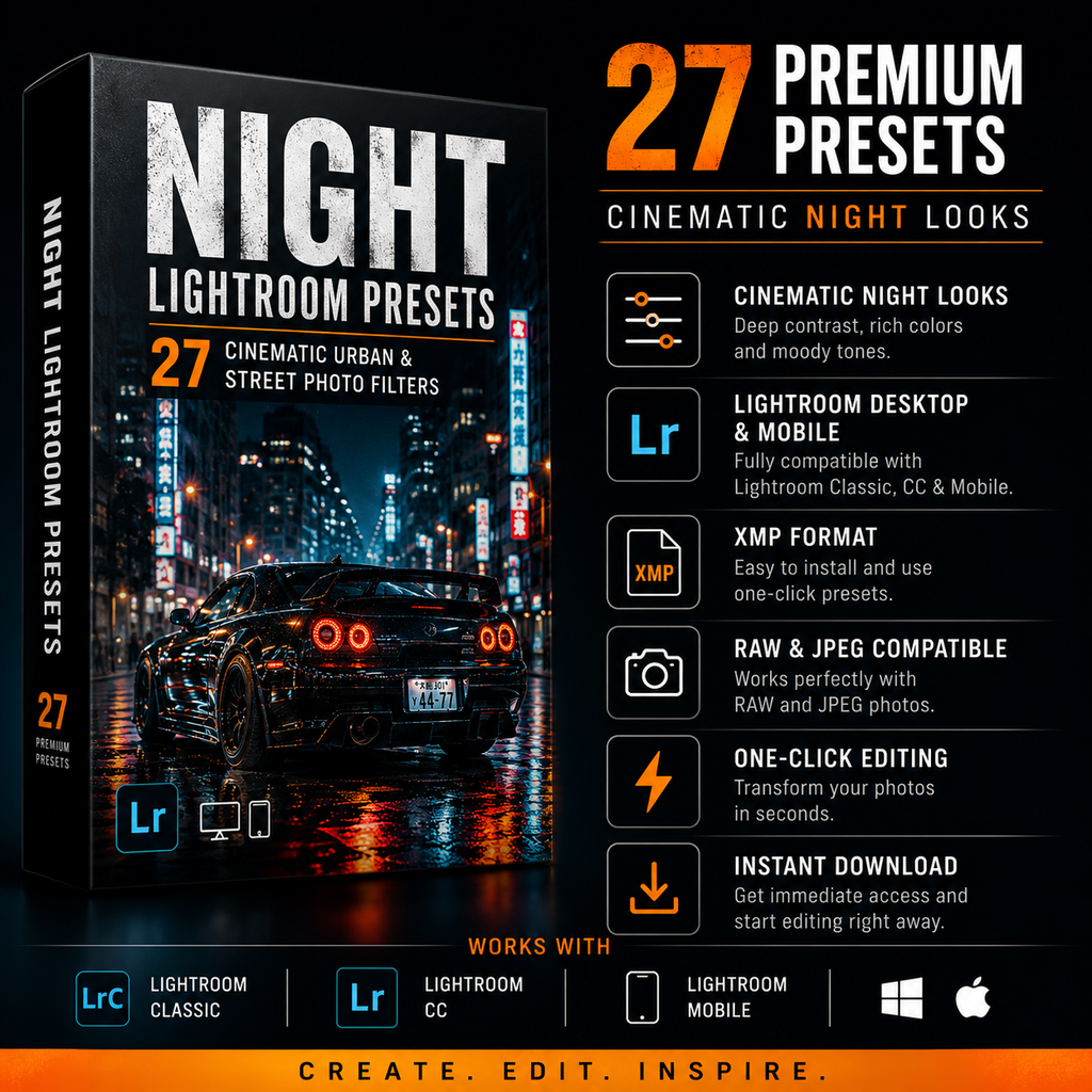 Promotional graphic for 'Night Lightroom Presets' showing a software box cover with a city street scene, a list of 27 cinematic night looks, compatibility icons for Lightroom Classic, CC, and Mobile, and Apple and Google logos. The design uses black, orange, and white with a dark cityscape photo on the box front.