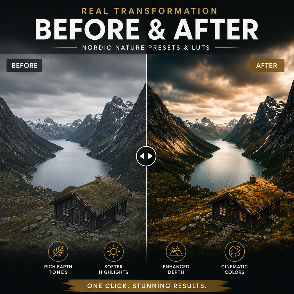 Before and after comparison graphic for Nordic nature photo presets and LUTs, showing a mountain fjord landscape with a small grass-roofed cabin. The left side is labeled BEFORE and is darker and cooler, while the right side is labeled AFTER and is warmer and more dramatic.