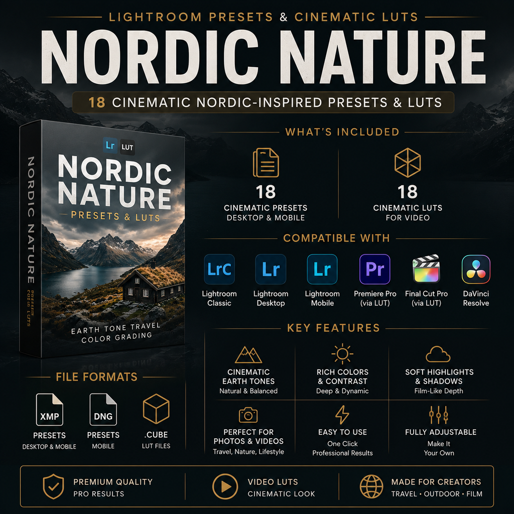 Promotional graphic for a digital preset and color grade pack titled 'Nordic Nature' with a book-style product cover, compatibility logos for Lightroom, Premiere Pro, and DaVinci Resolve, and feature icons on a dark textured background.