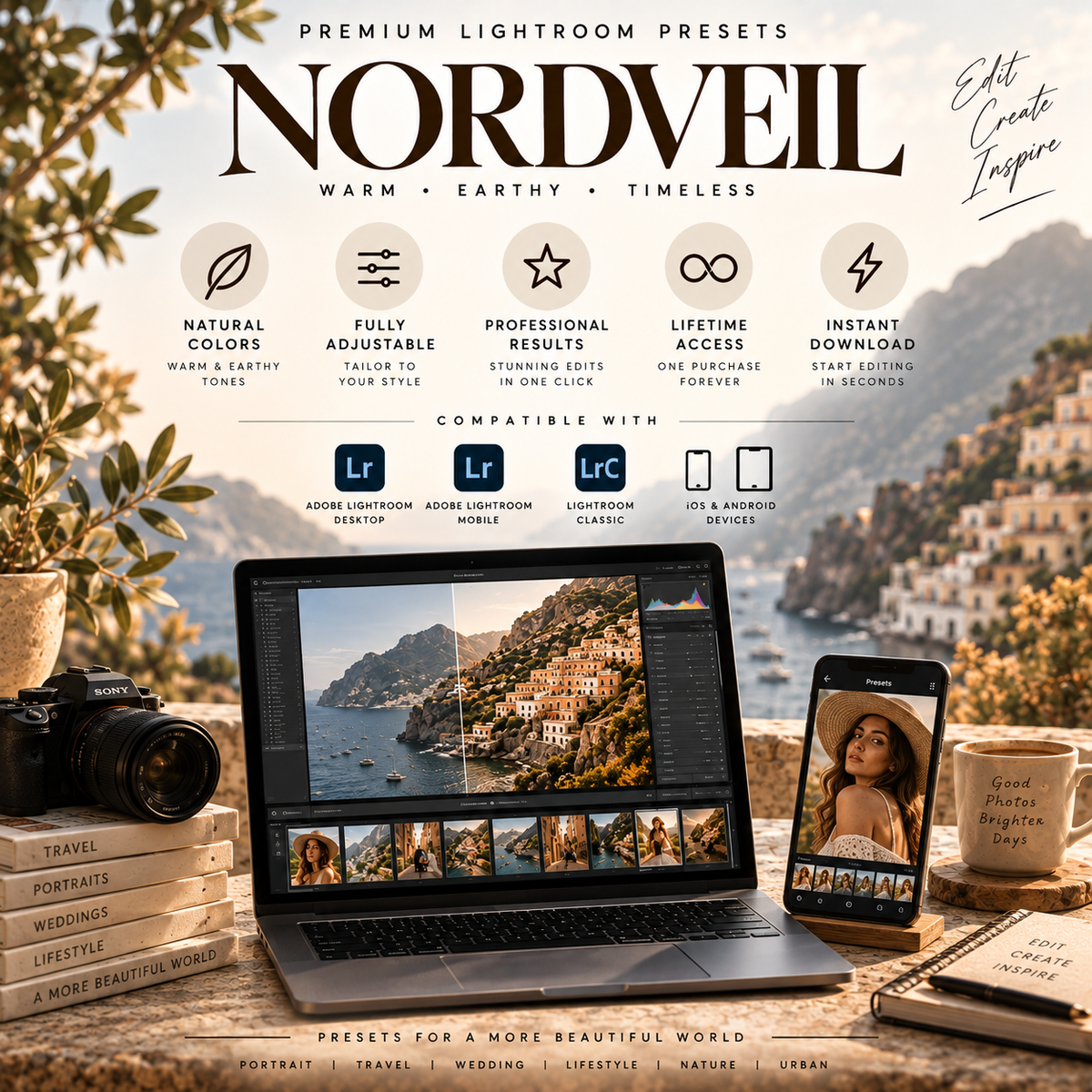 Nordveil Lightroom presets with natural colors, adjustable edits, professional results, and Lightroom desktop and mobile compatibility.