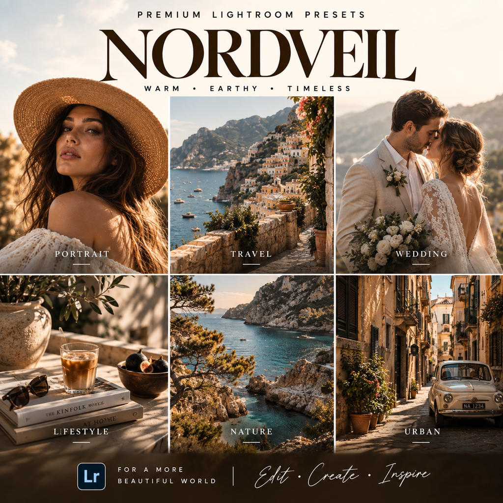 Promotional graphic for Nordveil Lightroom presets, featuring a 2x3 grid of warm-toned lifestyle and travel photos with text labels: Portrait, Travel, Wedding, Lifestyle, Nature, and Urban. Large title text reads NORDVEIL, with a Lightroom logo and the tagline 'Edit • Create • Inspire' at the bottom.