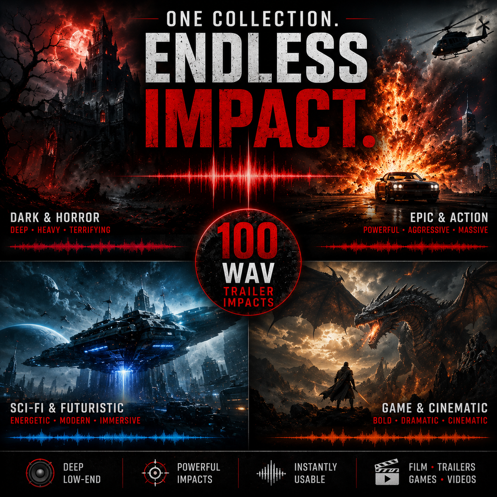 Promotional graphic for a collection of sound effects or audio clips titled 'ENDLESS IMPACT' with the tagline 'ONE COLLECTION.' The design shows four dramatic scene panels: a dark haunted house, a burning car, a sci-fi spaceship, and a fantasy dragon scene.